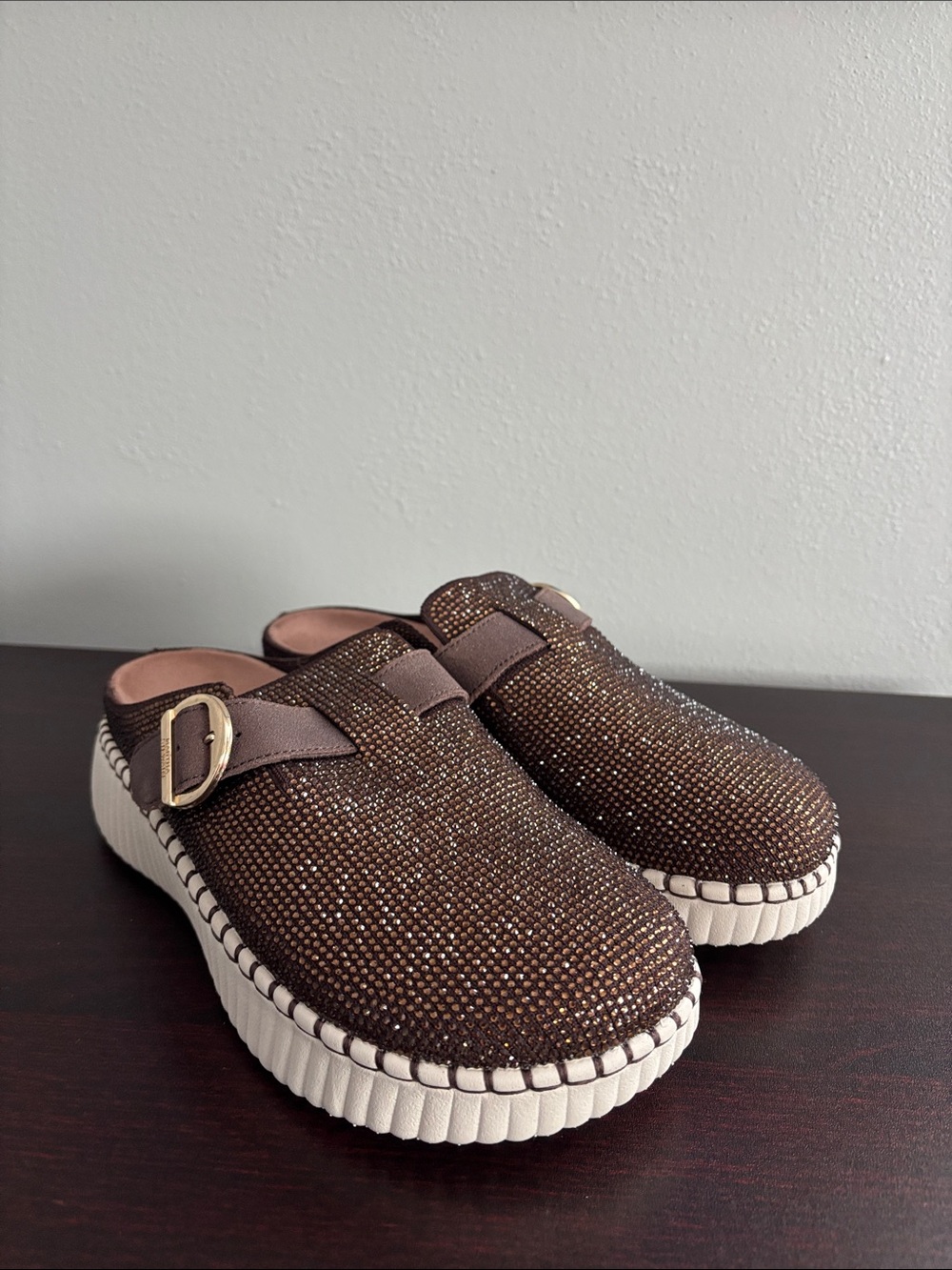 Skechers Brown Glitter Slip-On Clog with White Platform Sole and Buckle